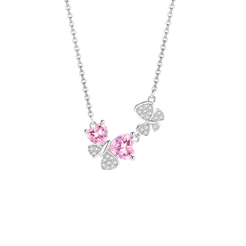 Butterfly Sterling Silver 925 Necklace Female Niche Light Luxury Sweet Style Pink Zircon Clavicle Chain Ins Style Love Pendant