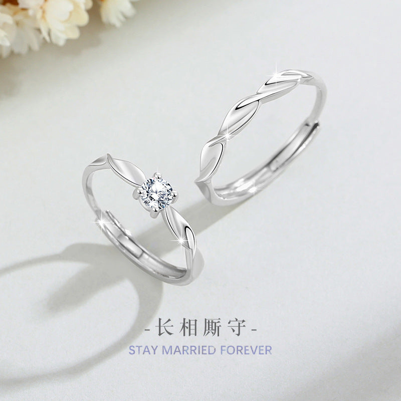 Mobius Pure Silver 999 Couple Ring Men's and Women's Fashion Versatile Four-Claw Zircon Ring Diamond Pattern Pair Ring