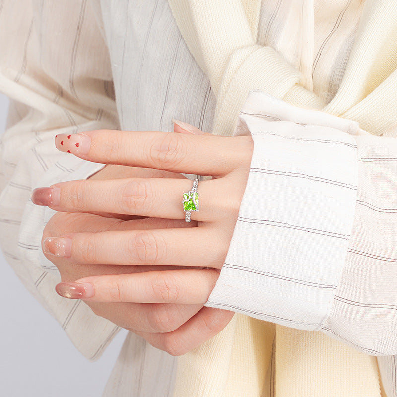 Niche Light Luxury Olive Green Zircon S925 Sterling Silver Jewelry Set Women's Irregular Texture Necklace Ring Earrings