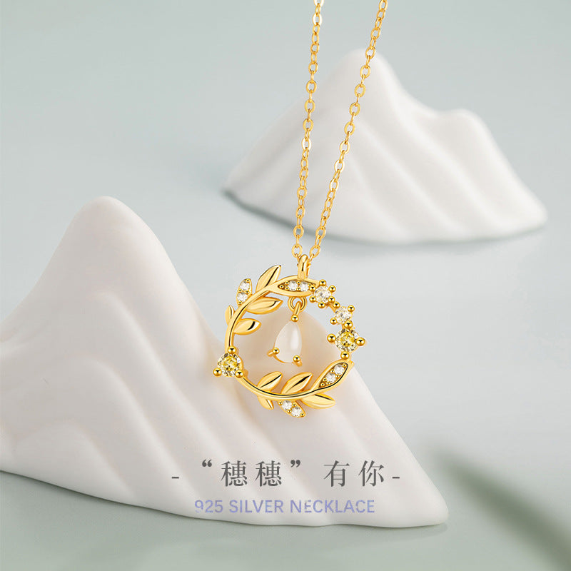 Wheat Ear Sterling Silver 925 Hetian Jade Necklace Fashion Versatile Flower Clavicle Chain Ins Style Tassel Safety Pendant