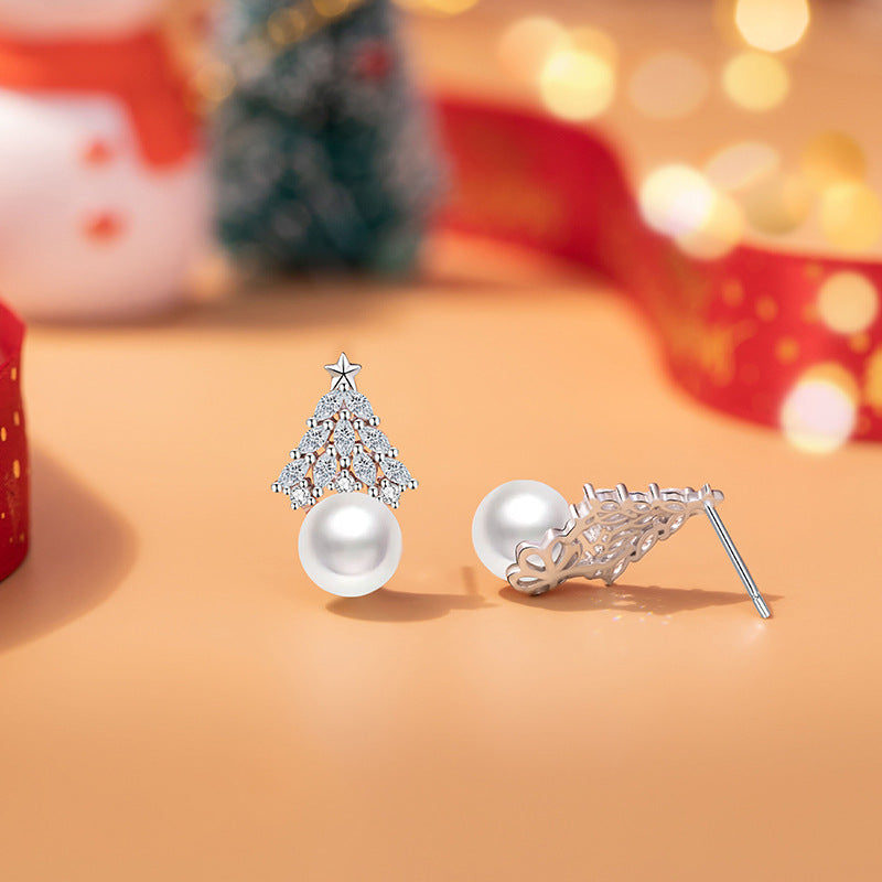Christmas Tree Sterling Silver 925 Stud Earrings Female Niche Design Light Luxury Style Shijia Pearl Earrings Ins Style Star Earrings
