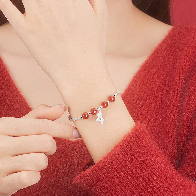 Immediately Rich Flower Sterling Silver 925 Bracelet Women's Light Luxury Red Agate Birth Year Bracelet Ins Style Zodiac Horse Bracelet