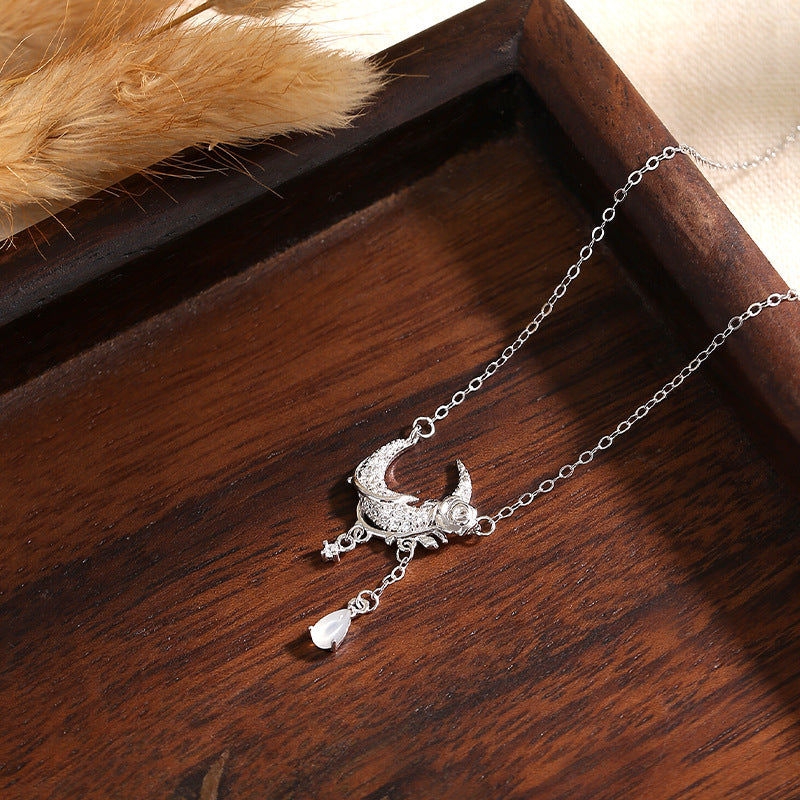 S925 Sterling Silver Moon Rose Necklace Female White Agate Tassel Clavicle Chain Niche Design High-Grade Light Luxury Silver Jewelry