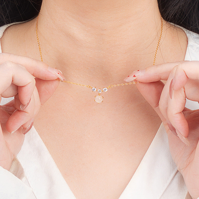 Natural White Chalcedony S925 Sterling Silver Necklace Women's Light Luxury Niche Clavicle Chain Silver Jewelry Live Delivery One-Piece Delivery