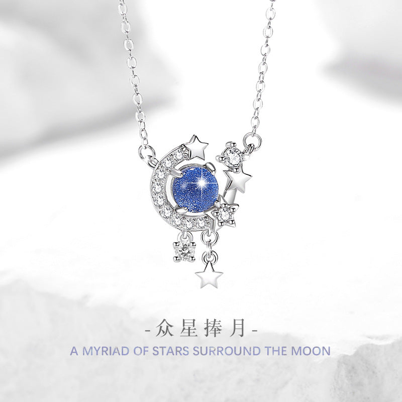 Moon Sterling Silver 925 Necklace Female Niche Design Light Luxury Glass Stone Clavicle Chain Ins Style Star Tassel Pendant