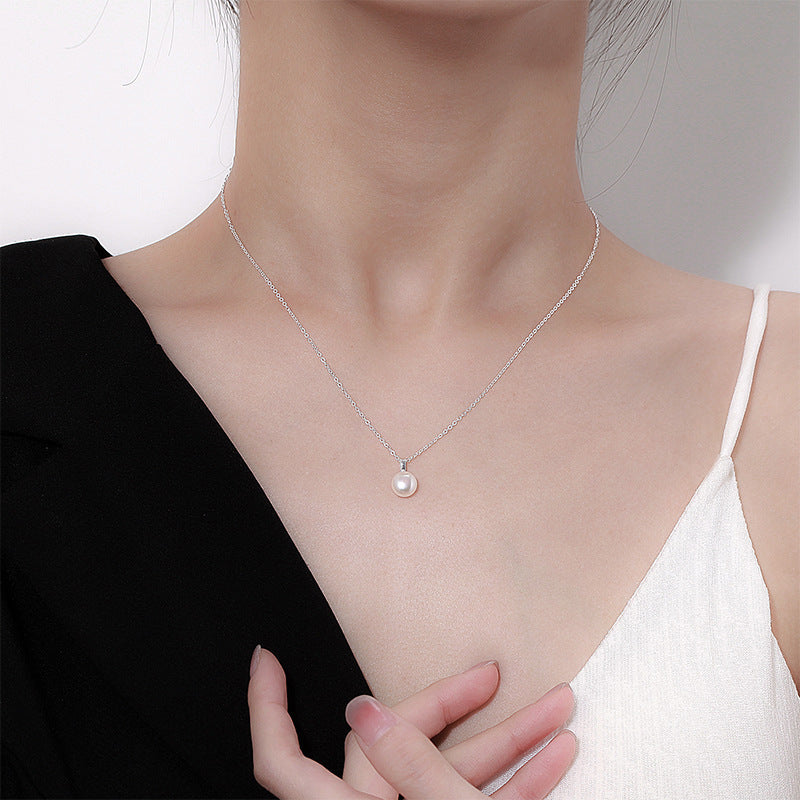 Shijia round Pearl Sterling Silver 925 Necklace Women's Light Luxury High-Grade Clavicle Chain All-Match Ins Style Small Bulb Pendant