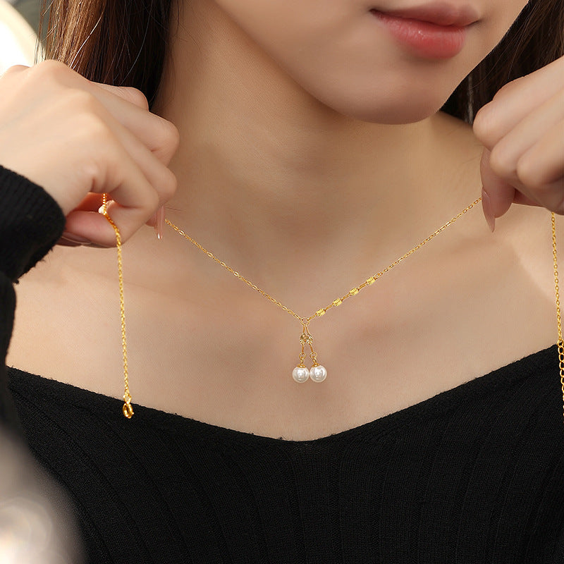 New S925 Sterling Silver Necklace Women's Light Luxury Beading Tassel Elegant Gentle Clavicle Chain Simple Commuter Pearl Pendant