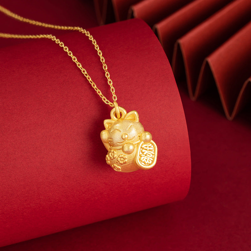Lucky Cat Pure Silver 999 Necklace Female Niche Design Light Luxury Ruyi Clavicle Chain Ins Wind Bell Pendant
