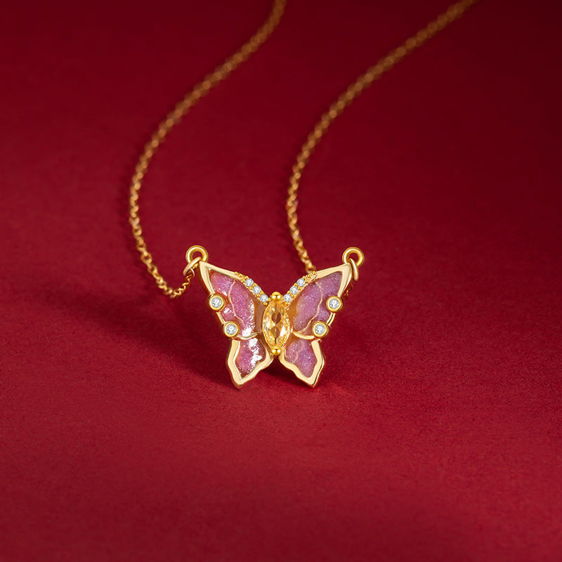 Luminous Butterfly S925 Sterling Silver Necklace Female Pink Purple Enamel Light Luxury Diamond-Embedded Clavicle Chain Dream Light Shadow Girl Style