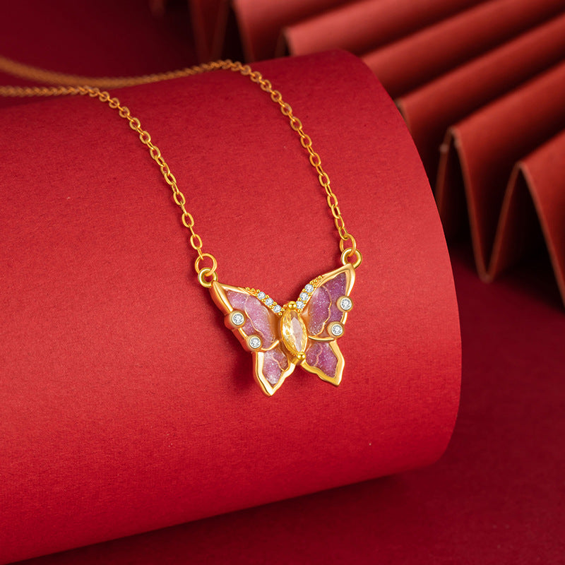 Luminous Butterfly S925 Sterling Silver Necklace Female Pink Purple Enamel Light Luxury Diamond-Embedded Clavicle Chain Dream Light Shadow Girl Style