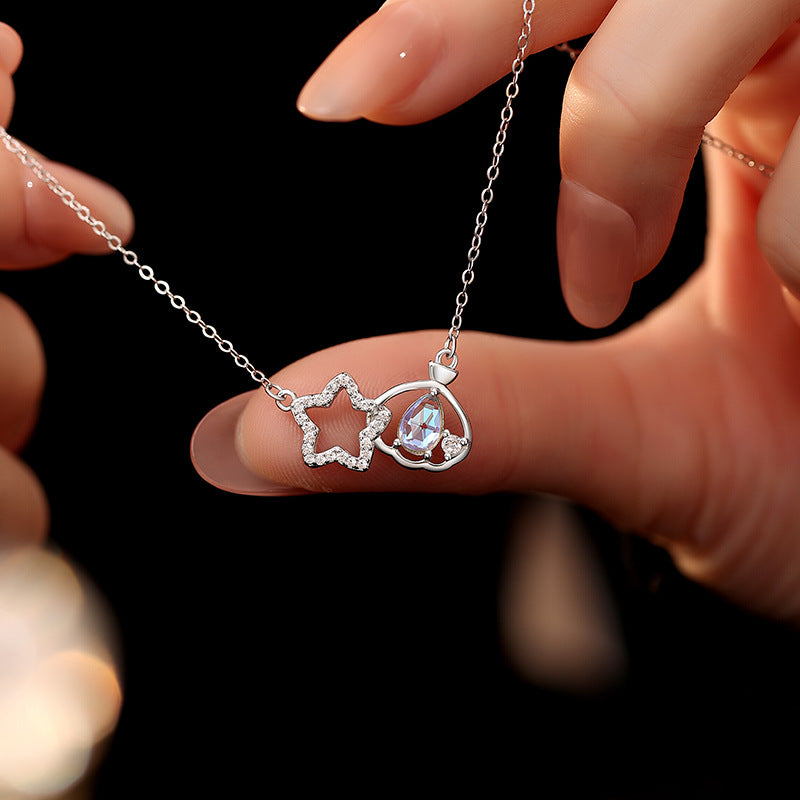 S925 Sterling Silver Necklace Women's Colorful Glazed Stone Star Pendant Niche Light Luxury High-Grade Double Star Clavicle Chain