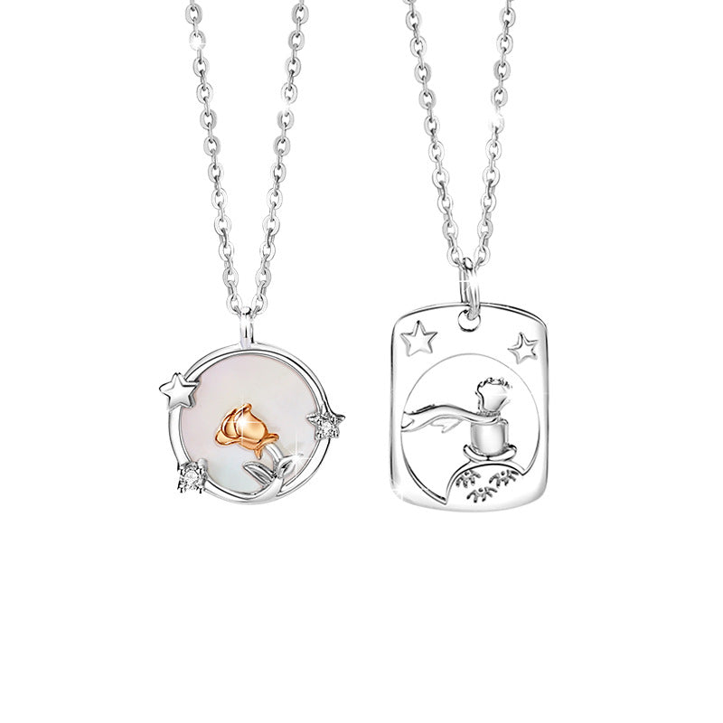 Little Prince and Rose Sterling Silver 925 Couple Necklace White Fritillary Clavicle Chain 520 Valentine's Day Star Pendant