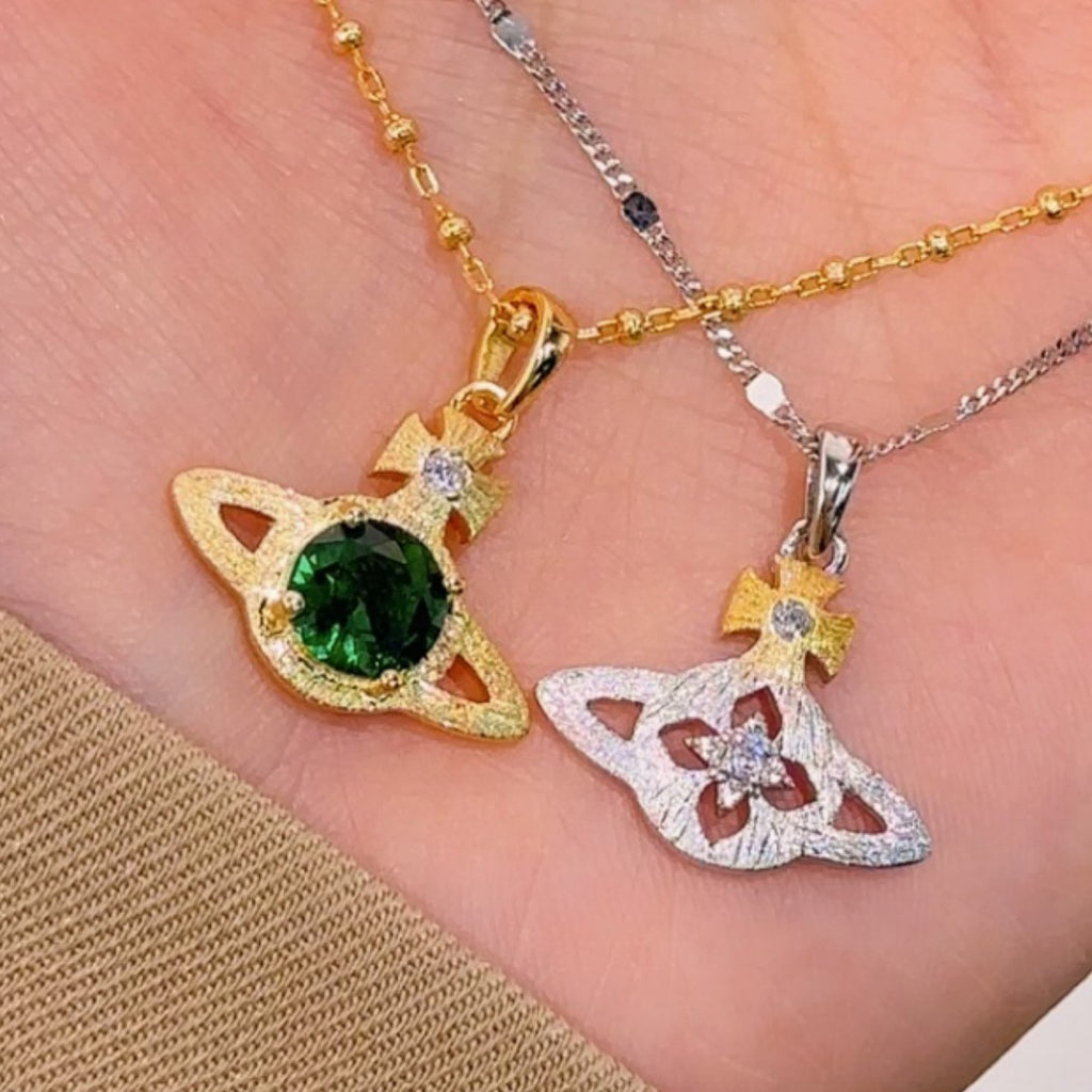 Fantasy Planet Sterling Silver 925 Necklace Light Luxury High-Grade Emerald Saturn Clavicle Chain Ins Brushed Star Pendant