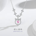 Cat Sterling Silver 925 Necklace Female Niche Design Light Luxury Pink Diamond Zircon Clavicle Chain Ins Style Love Pendant