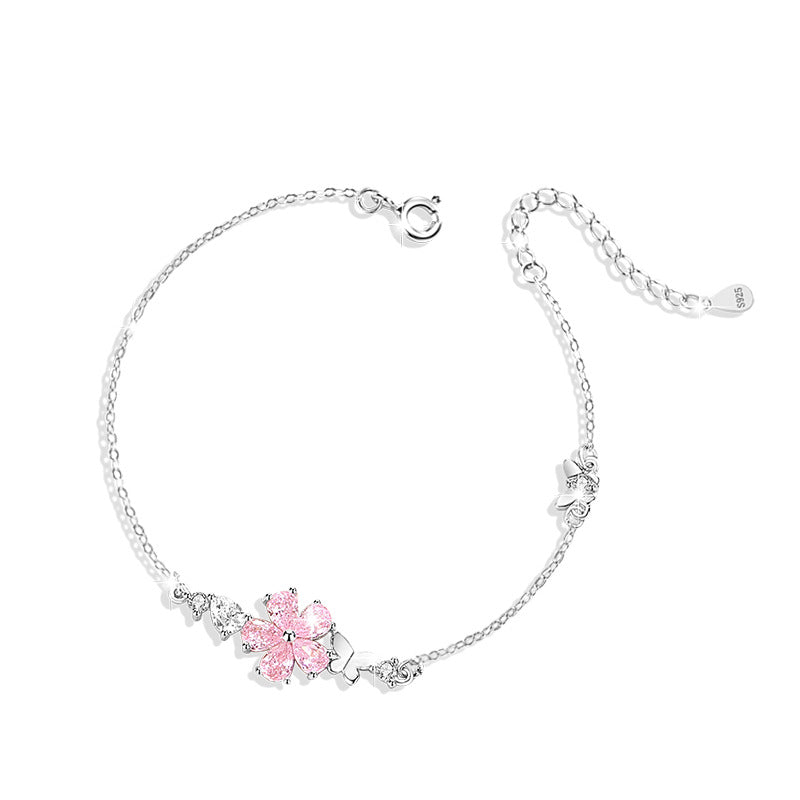 Bracciale in argento sterling 925 – fiore di ciliegio e farfalla e zirconi rosa