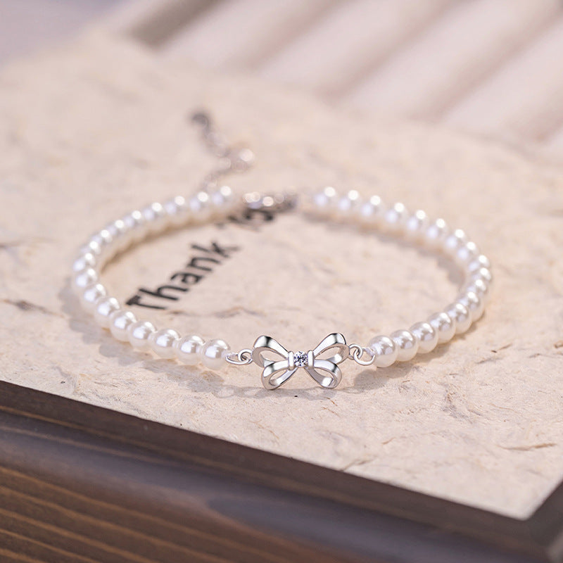 Bowknot Sterling Silver 925 Bracelet Female Niche Design Light Luxury Shijia Pearl Bracelet Ins Escape Princess Bracelet