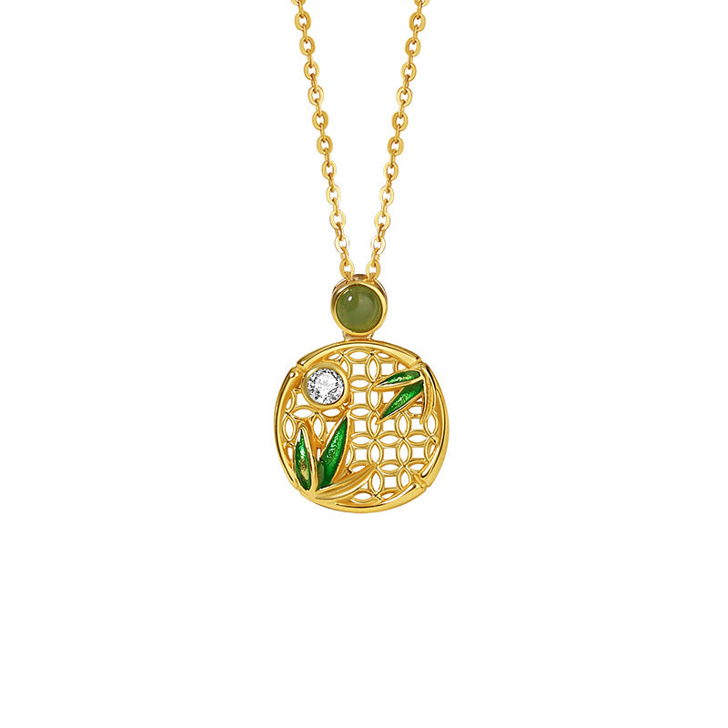 Original Bamboo Knot Hetian Jasper Sterling Silver 925 Necklace Women's New Chinese Zircon Clavicle Chain Mother's Day Window Flower Pendant