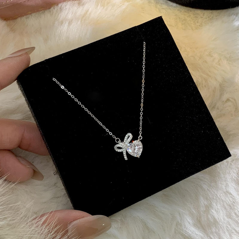Bow 999 Pure Silver Necklace Female Cute Sweet Style Lovely Clavicle Chain Little Red Book Style Princess Pendant