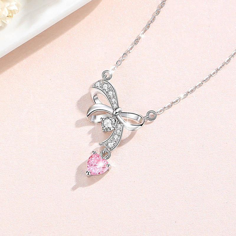 Bow Sterling Silver 925 Necklace Women's Fashion All-Match Zircon Clavicle Chain Valentine's Day Ins Style Love Pendant