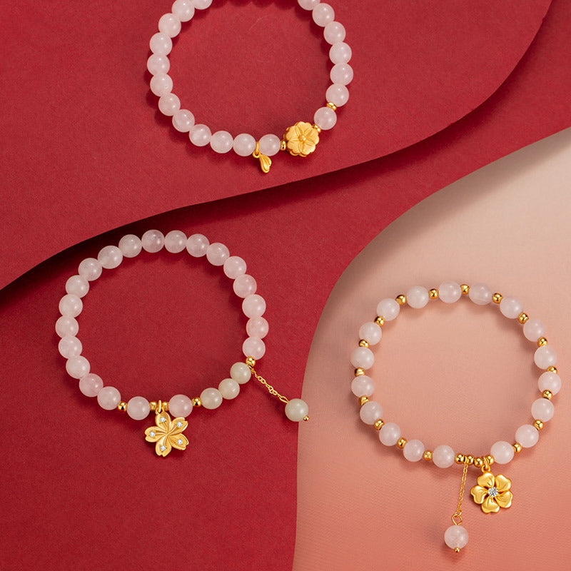 Peach Blossom Sterling Silver 925 Hetian Jade Bracelet Sweet Cute Pink Crystal Cherry Blossom Bracelet Ins Flower Bracelet