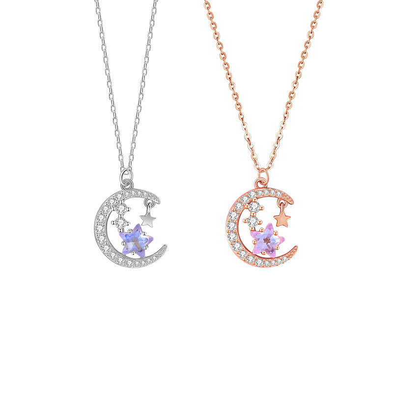 New Exquisite S925 Sterling Silver Necklace Women's Colorful Five-Pointed Star Clavicle Chain Light Luxury Fantasy Star Moon Girl Heart Gift