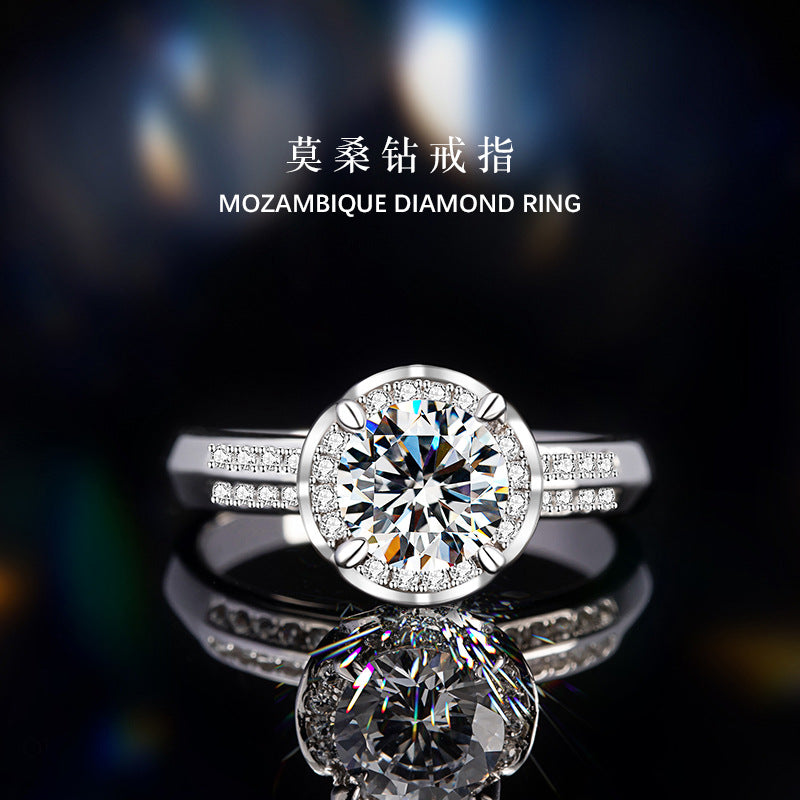 Sterling Silver 925 Diamond Ring Women's Light Luxury Niche High-Grade Four-Claw Moissanite round Ring 1 Karat Wedding Ring