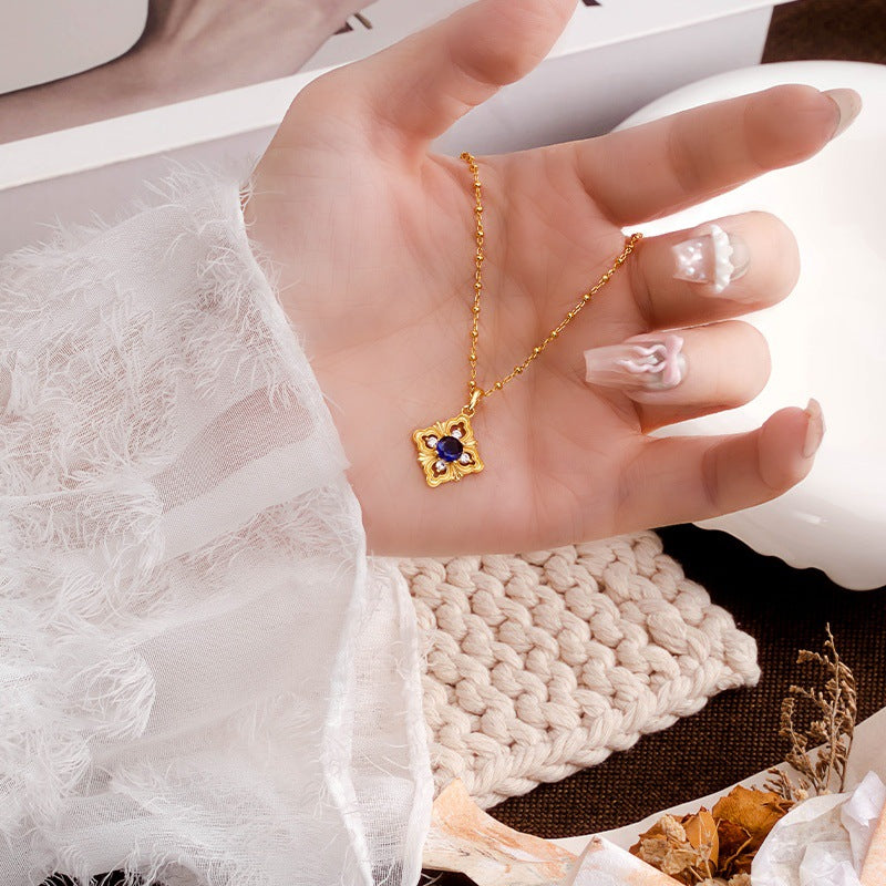 Sterling Silver 925 Necklace Buqi Style Hand-Brushed Blue Zircon Clavicle Chain Ins Vintage Diamond High-Grade Pendant