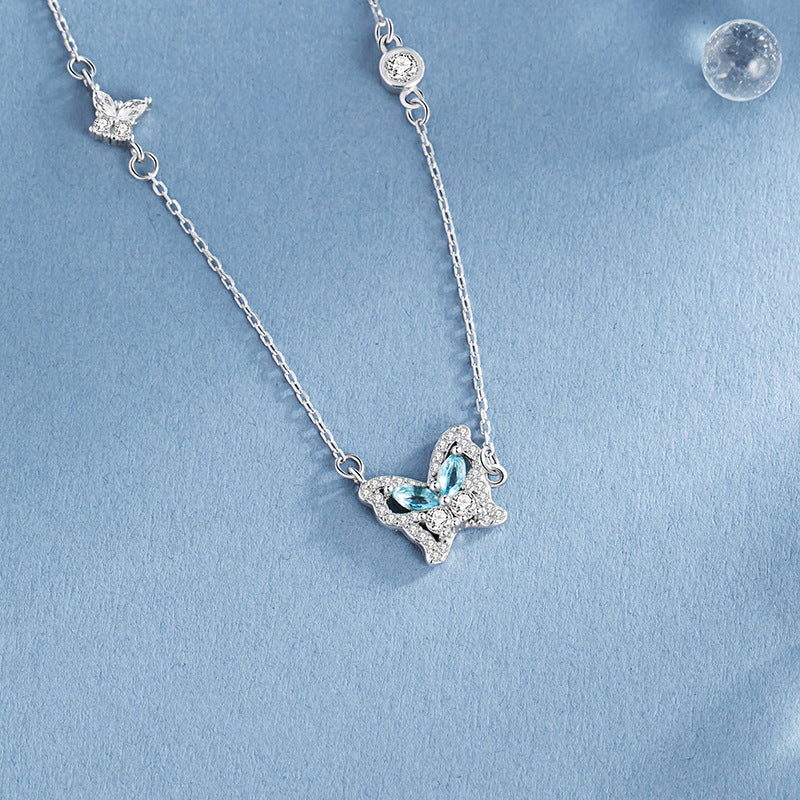 Butterfly Sterling Silver 925 Necklace Female Niche Design Light Luxury Light Blue Zircon Clavicle Chain Ins Style Star Pendant