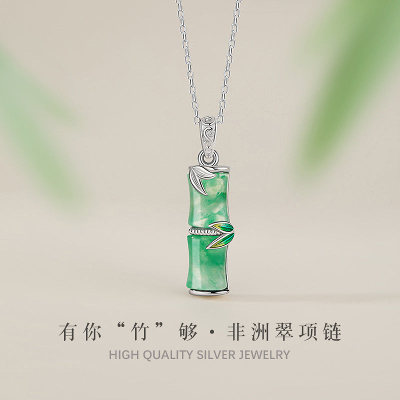 High-Rise Sterling Silver 925 Necklace Women's New Chinese Style Natural Jade Bamboo Clavicle Chain Ins Style Bamboo Pendant