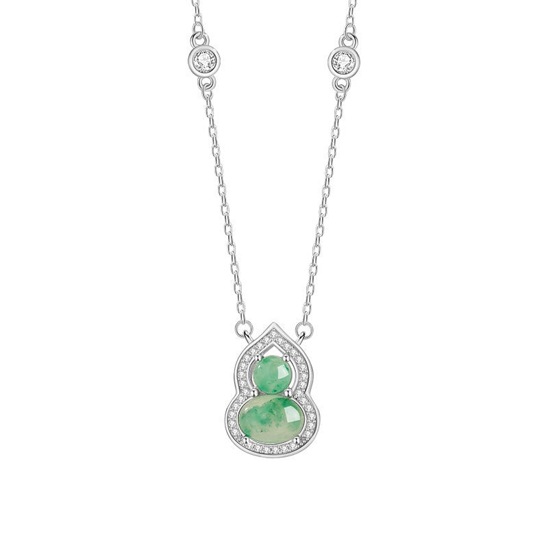 Fu Lu Double Full Sterling Silver 925 Necklace Women's New Chinese National Fashion Natural African Emerald Clavicle Chain Ins Style Gourd Pendant