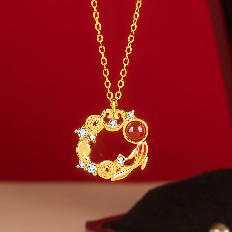 Lucky Koi Fish Sterling Silver 925 Necklace Female New Chinese Red Agate Copper Coin Ashore Clavicle Chain Ins Ruyi Pendant