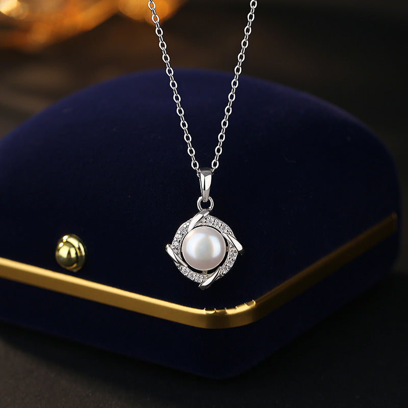 S999 Pure Silver Necklace Women's Rotating Windmill Freshwater Pearl Pendant Clover Light Luxury Temperament Gift Jewelry Wholesale