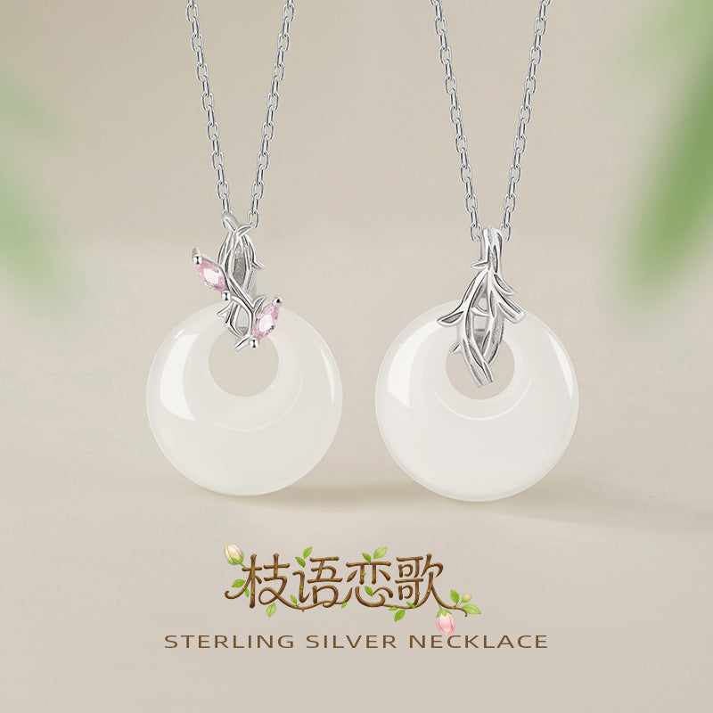 Original S925 Sterling Silver Couple Necklace Mori Branch Love Song White Chalcedony Princess Buckle Pendant Valentine's Day Gift