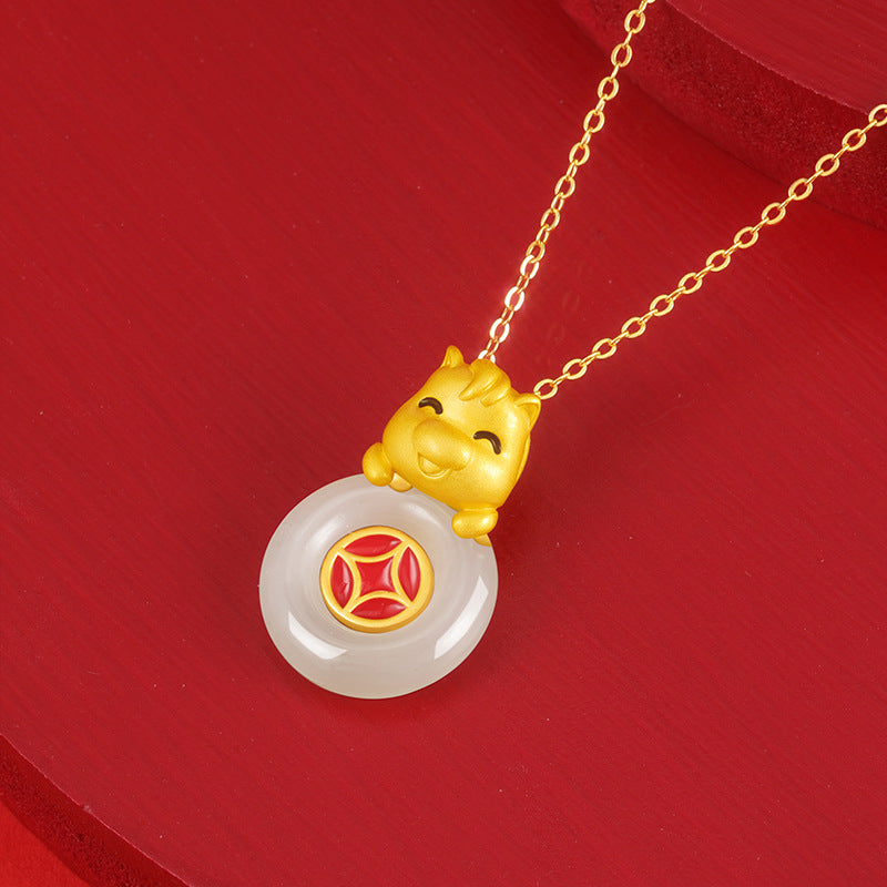 Immediately Rich Sterling Silver 925 Necklace Women's Light Luxury Hetian Jade Birth Year Clavicle Chain Zodiac Horse Safety Buckle Pendant
