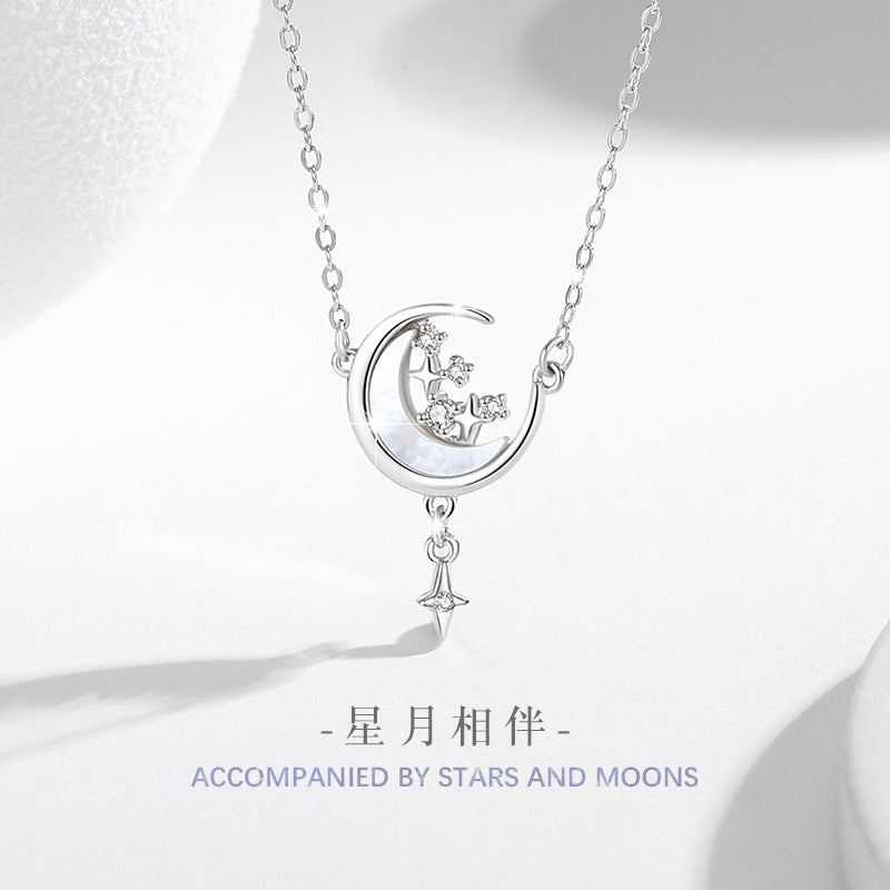 Star Moon Sterling Silver 925 Necklace Female Niche Design Light Luxury Tassel Clavicle Chain Get Things Ins Zircon Pendant