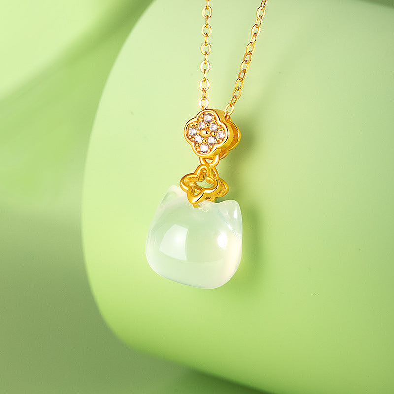 Clover Design S925 Silver Necklace Female Mori Lucky Kitten White Chalcedony Pendant Niche Clavicle Chain Gift Female