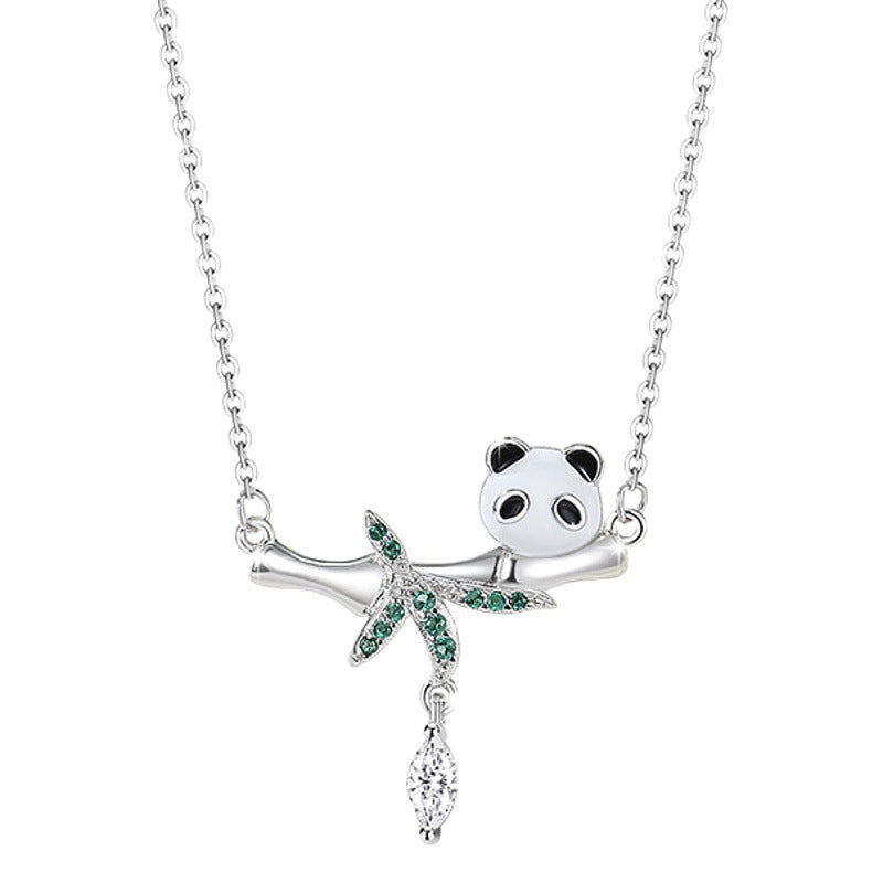 Panda Sterling Silver 925 Necklace Female Niche Design Light Luxury Tassel Zircon Clavicle Chain Ins Style Bamboo Pendant