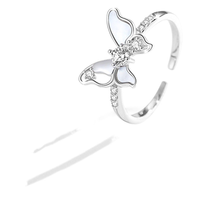 Butterfly Sterling Silver 925 Ring Female Niche Design Light Luxury Zircon Ring Girlfriends Same Ins Style Shell Ring