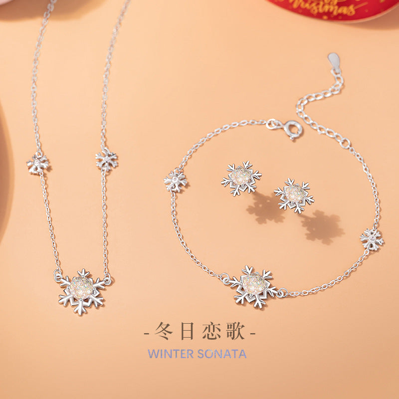 Snowflake Sterling Silver 925 Necklace Women's Fashion Versatile Glazed Stone Star Clavicle Chain Ins Style Christmas Pendant