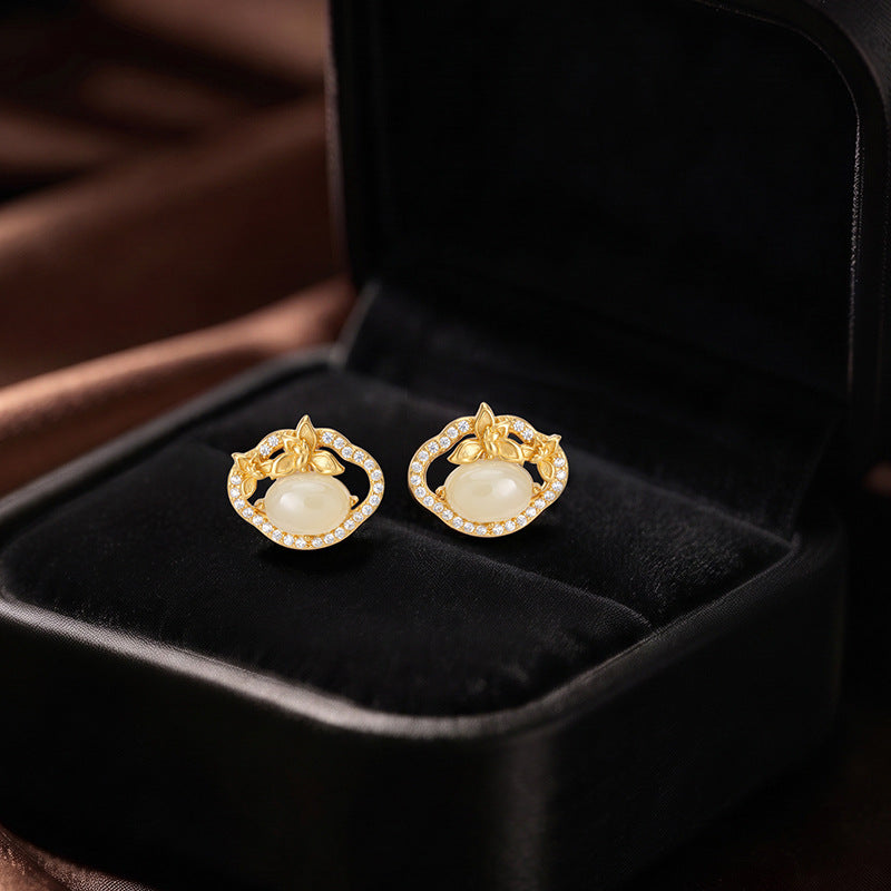 S925 Sterling Silver Hetian Jade Stud Earrings Women's New Chinese Style Ruyi Magnolia Vintage National Style Earrings Valentine's Day Gift