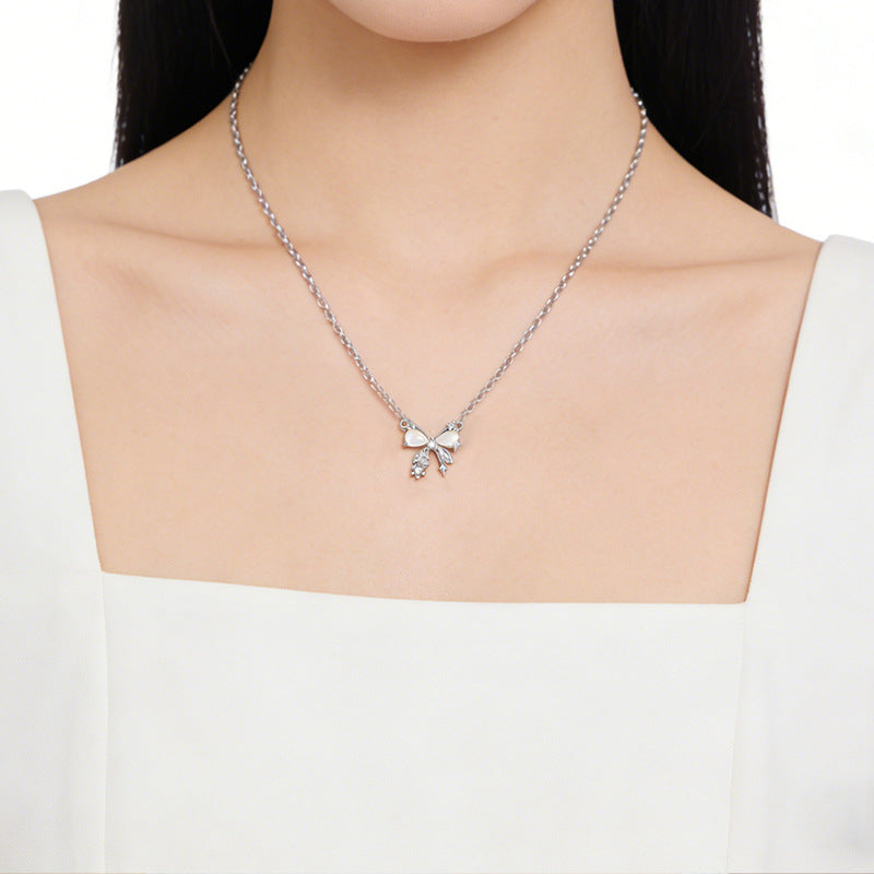 Fantasy Star White Chalcedony Bow Pendant S925 Sterling Silver Diamond-Embedded Clavicle Chain High-Grade Sweet Style for Girlfriend