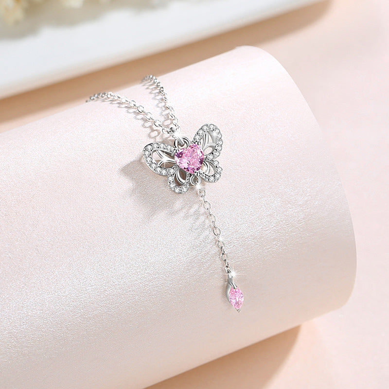 Butterfly Sterling Silver 925 Necklace Female Niche Design Light Luxury Pink Zircon Tassel Clavicle Chain Ins Love Pendant