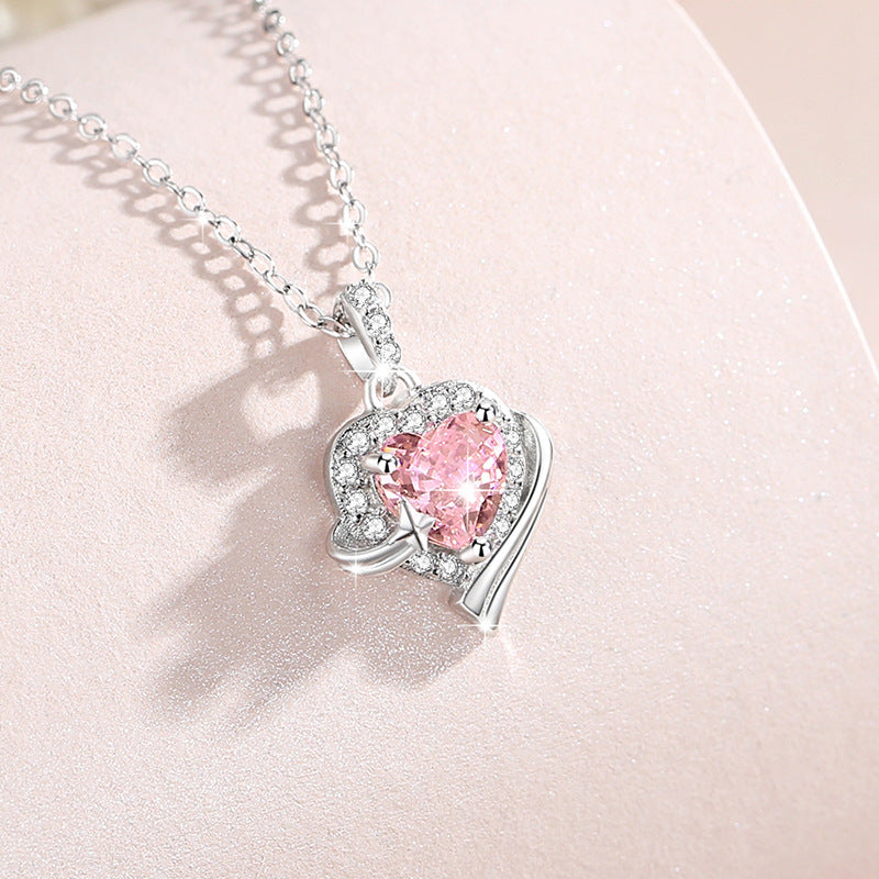Lovely Sterling Silver 925 Necklace Female Niche Design Light Luxury Star Clavicle Chain Item Ins Pink Zircon Pendant