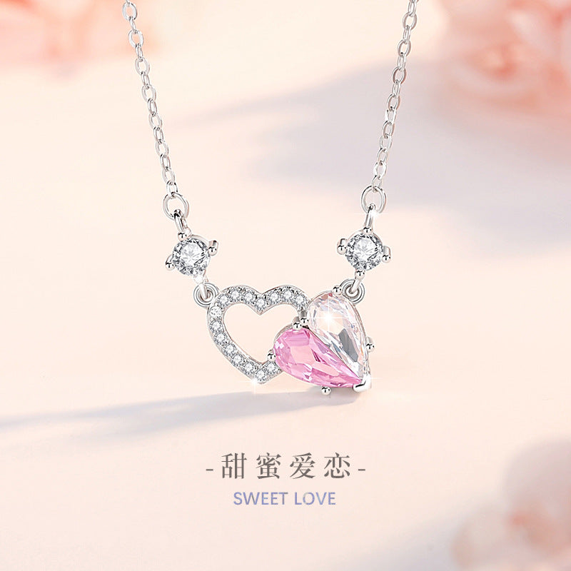 Heart-to-Heart Printed Sterling Silver 925 Necklace Female Niche Design Light Luxury Pink Diamond Clavicle Chain Ins Style Love Pendant