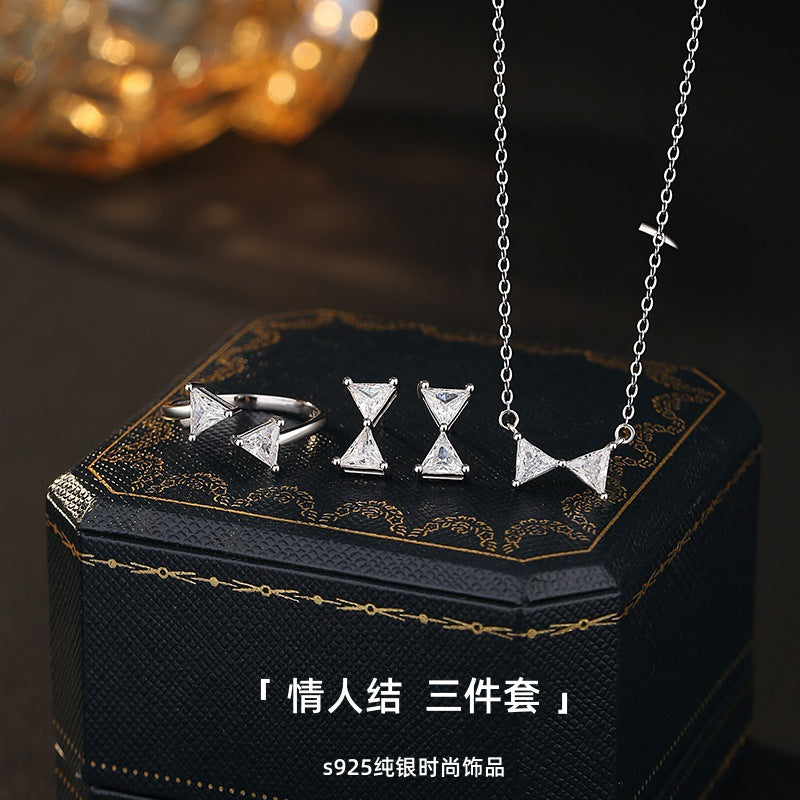 INS Style Lover Knot Three-Piece Set S925 Sterling Silver Necklace Stud Earrings Ring Triangle Flash Diamond Valentine's Day Simple Jewelry