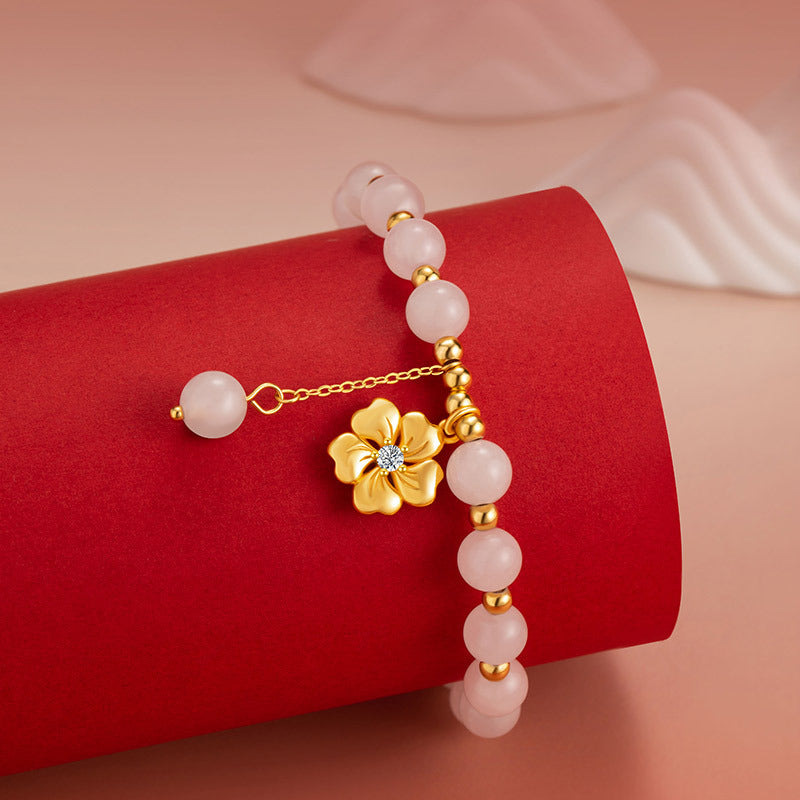 Peach Blossom Sterling Silver 925 Hetian Jade Bracelet Sweet Cute Pink Crystal Cherry Blossom Bracelet Ins Flower Bracelet