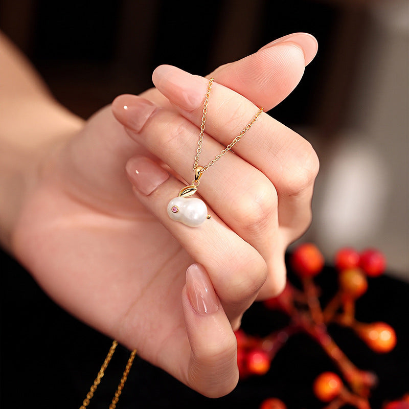 S925 Sterling Silver Hetian Jade Rabbit Necklace Women's New Chinese Style White Jade Pendant Chinese Style Zodiac Clavicle Chain Live Supply
