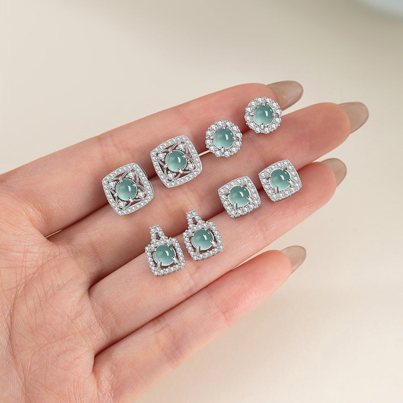 One Week Sterling Silver 925 Stud Earrings Light Luxury High-Grade Natural Blue Water Dangerous Material Jade Earrings Clover Earrings
