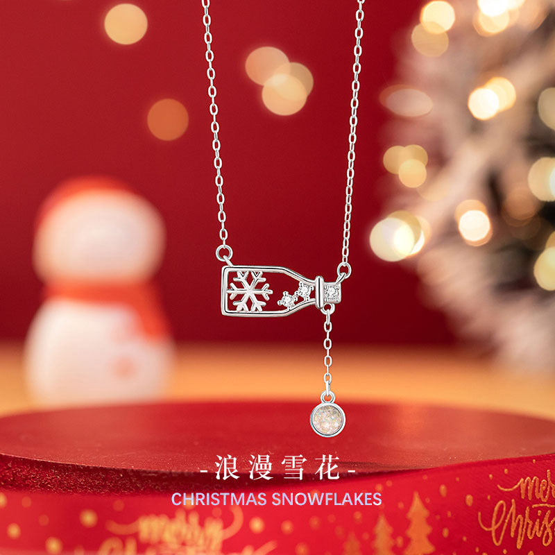 Snowflake Sterling Silver 925 Necklace Female Sweet Cute Style Glazed Stone Drifting Bottle Clavicle Chain Ins Christmas Pendant