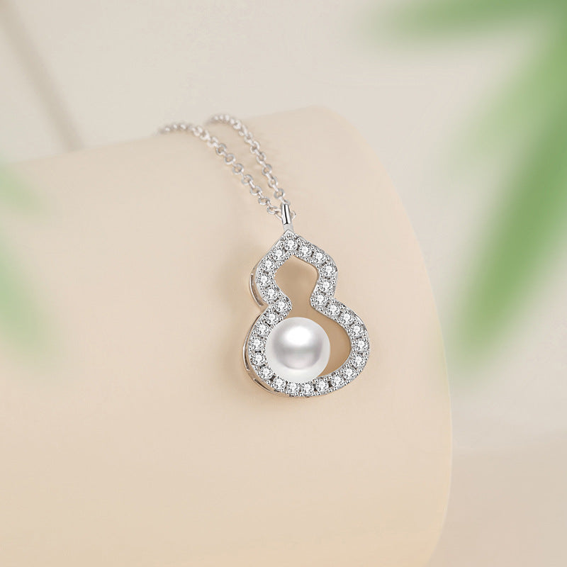 Fu Lu Double Full Sterling Silver 925 Necklace Women's Light Luxury High-Grade Natural Freshwater Pearl Clavicle Chain Ins Gourd Pendant